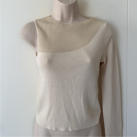 Zara Ivory Illusion Sheer Neck One Shoulder Asymmetric Knit Top size small - Picture 6 of 8